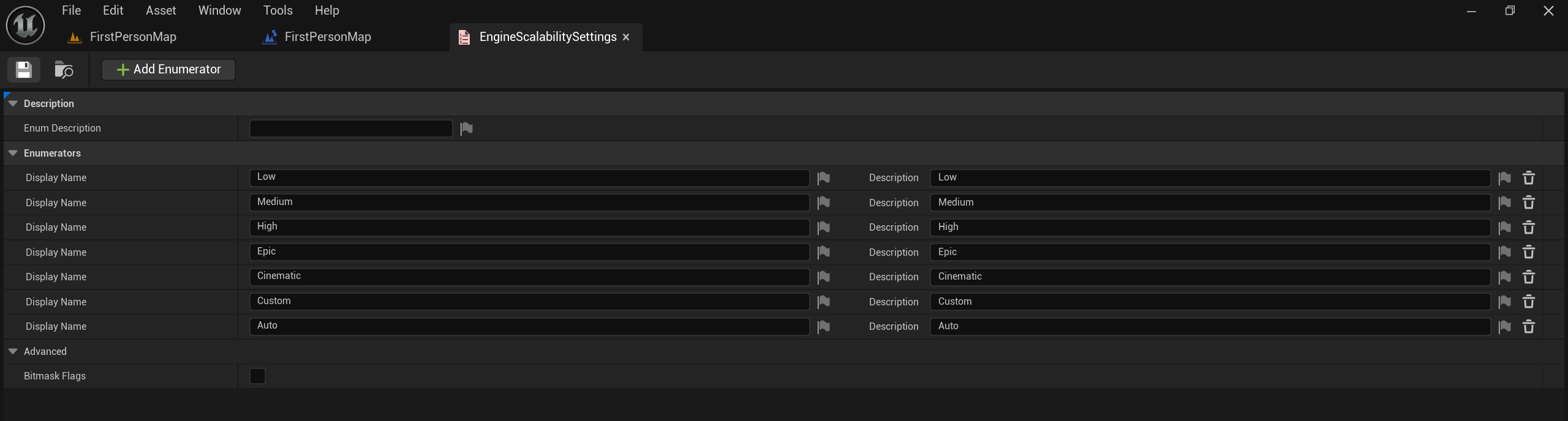 Game User Settings and Engine Scalability Settings - EngineScalabilitySettings Enum