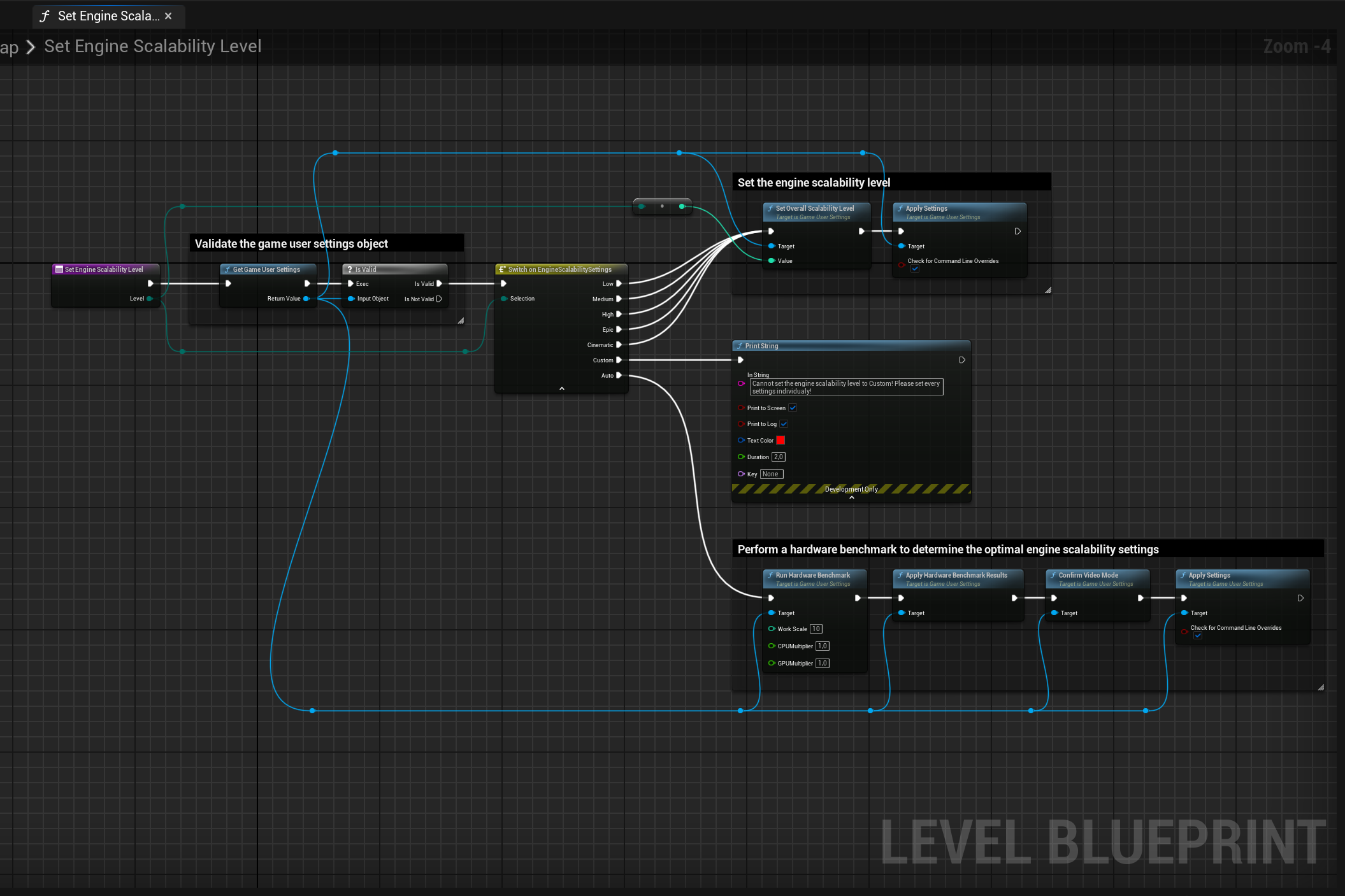 Game User Settings and Engine Scalability Settings - Set Engine Scalability Level Blueprint Function Implementation (Overview)