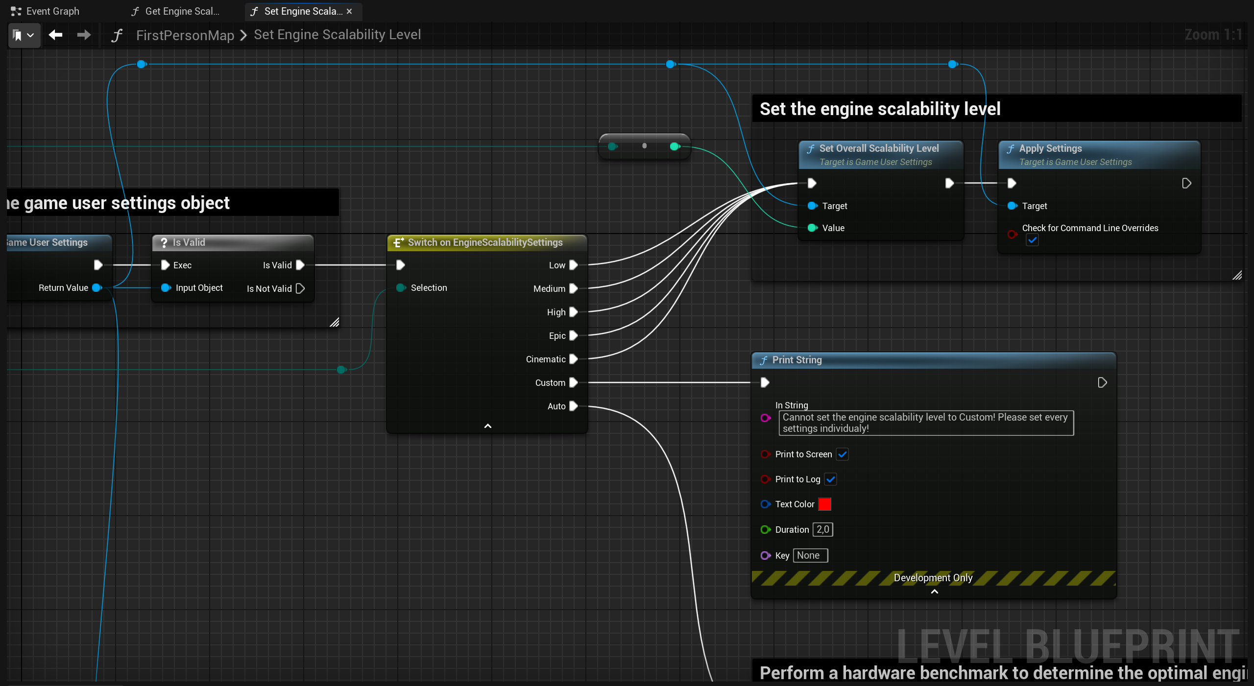 Game User Settings and Engine Scalability Settings - Set Engine Scalability Level Blueprint Function Implementation (Switch on EngineScalabilitySettings Enum and Applying Engine Scalability Settings)