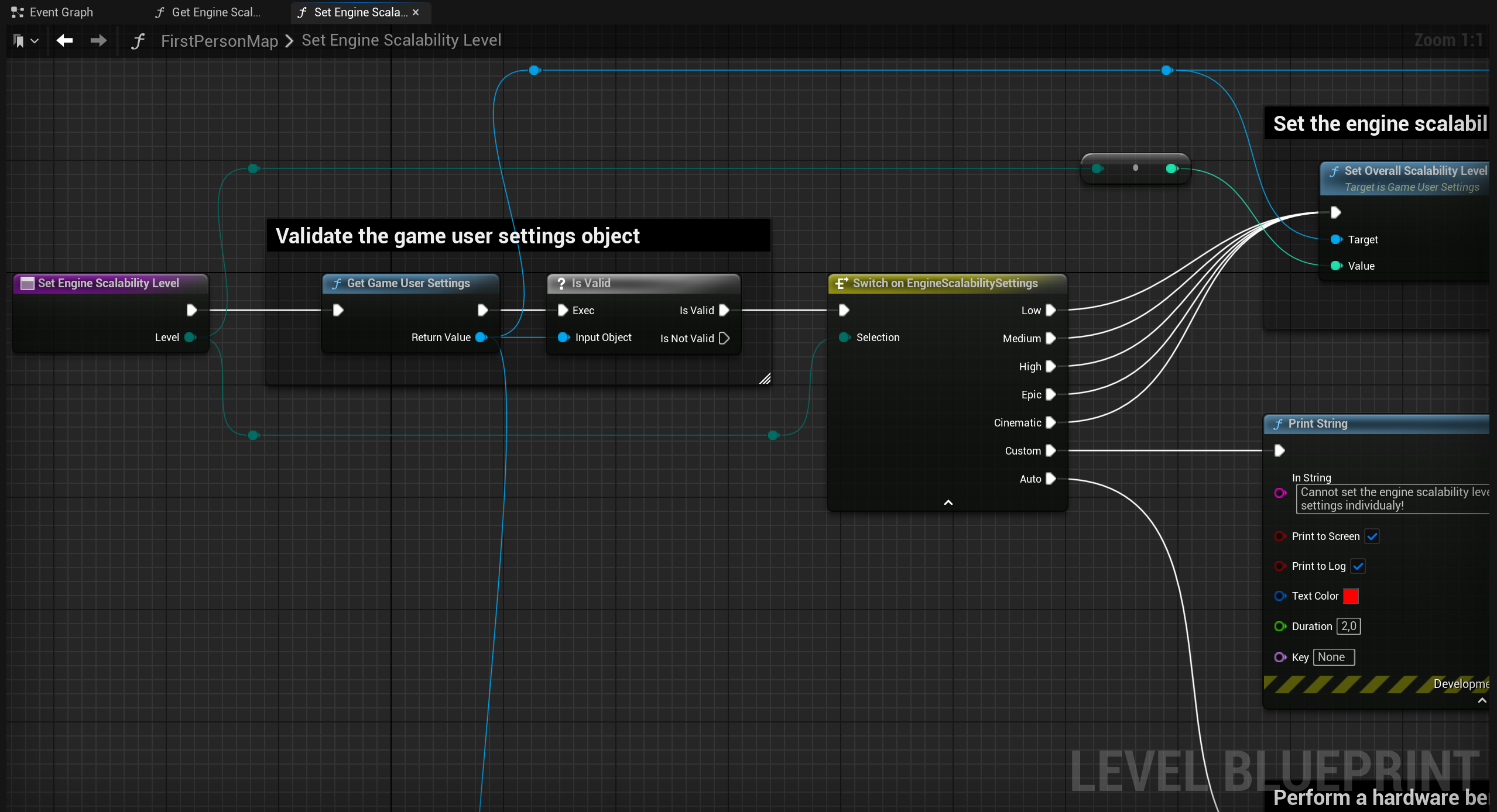 Game User Settings and Engine Scalability Settings - Set Engine Scalability Level Blueprint Function Implementation (Game User Settings Validation and Switch on EngineScalabilitySettings Enum)