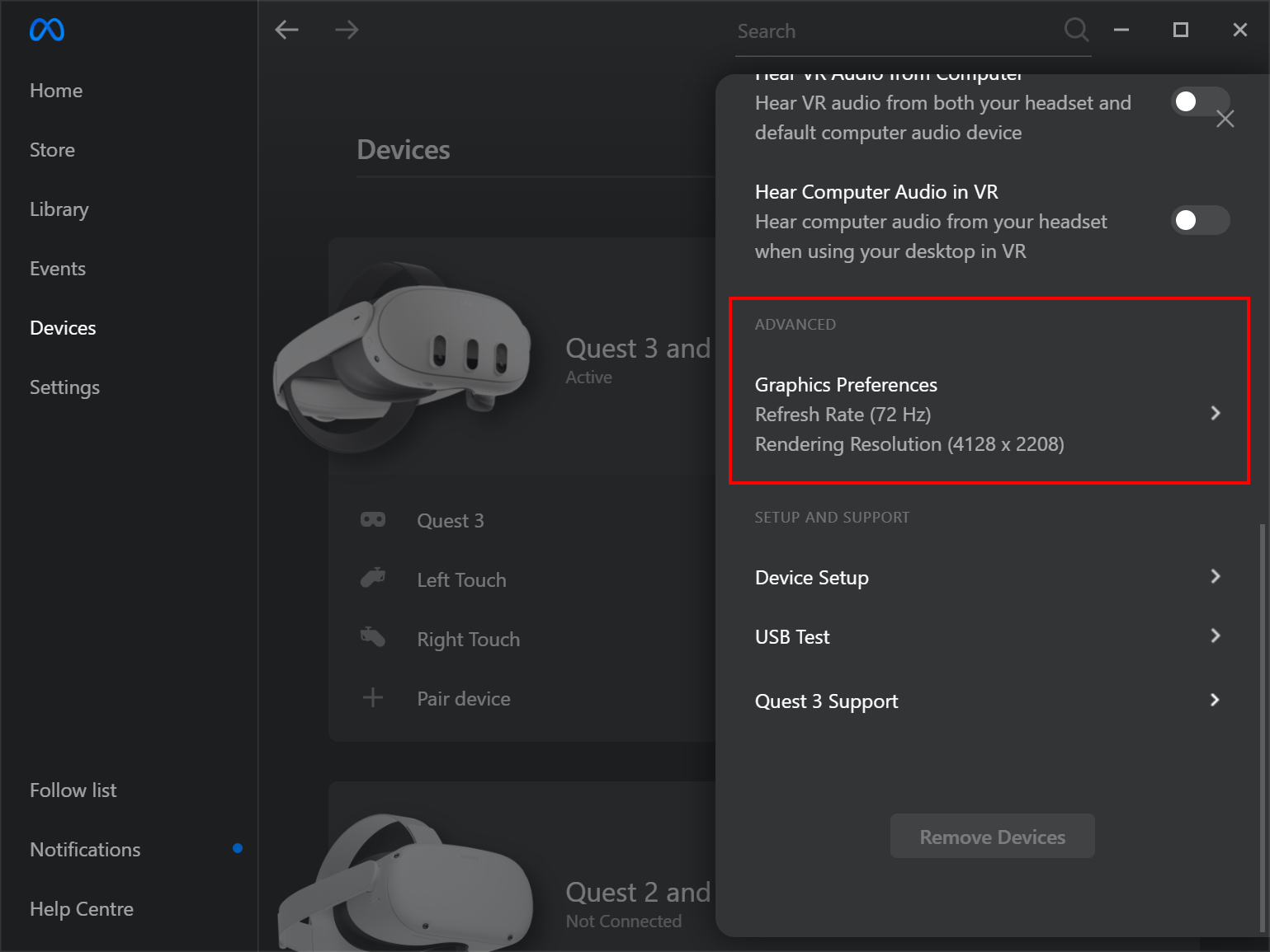 Meta Quest Link - Device advanced graphics preferences