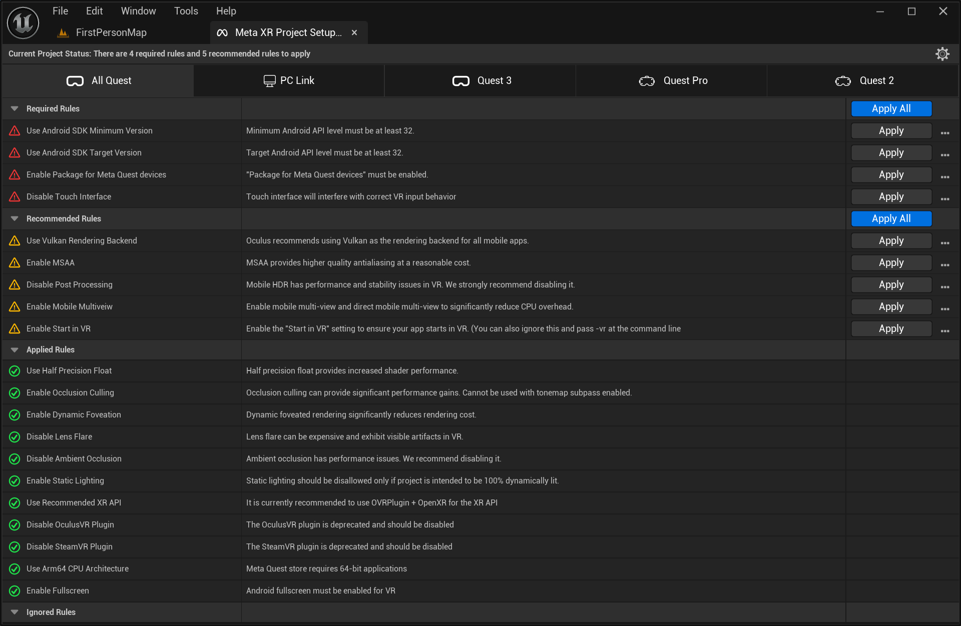 Meta XR Plugin - Project Setup Tool (Unoptimized Settings - All Quest Tab)
