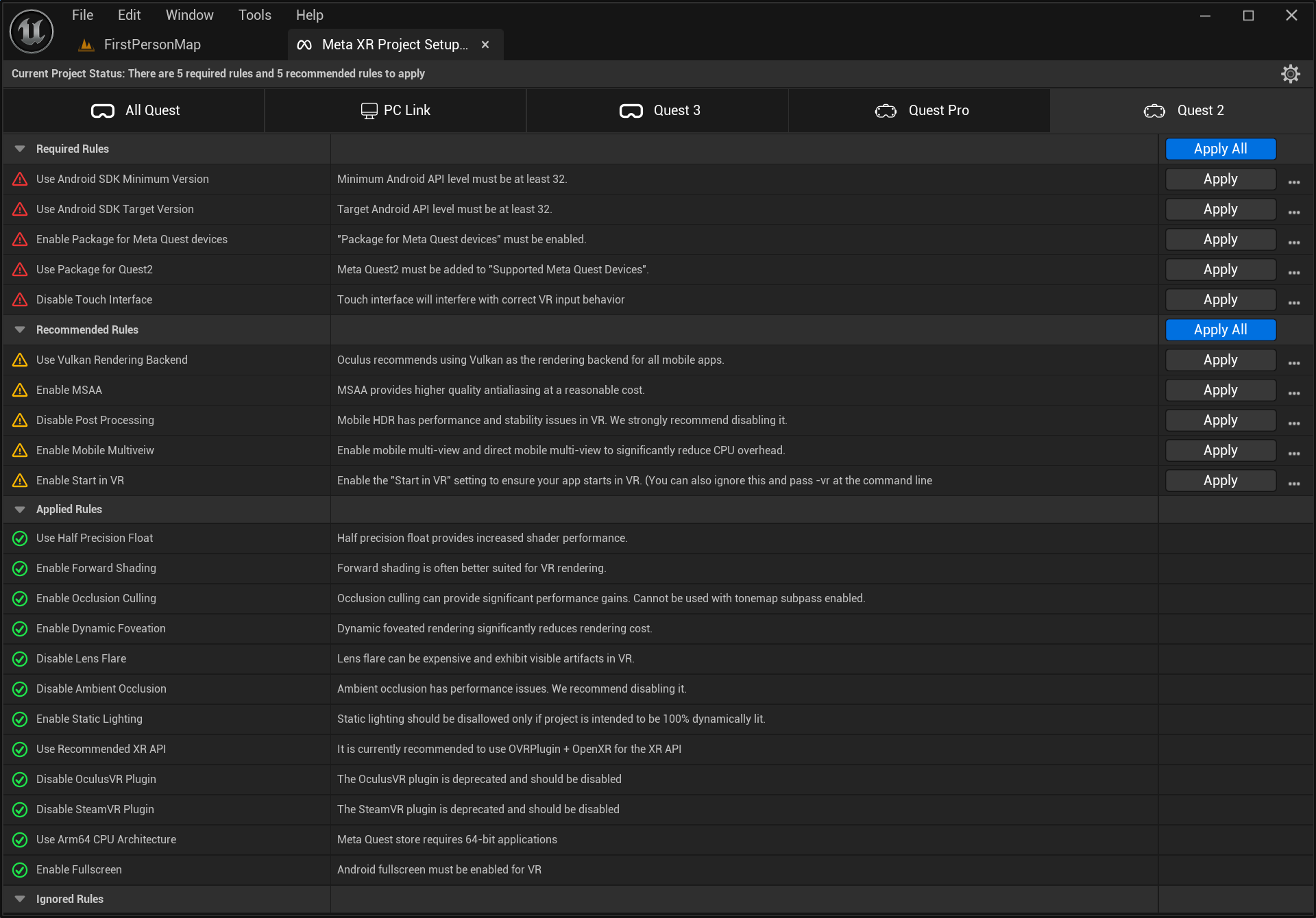 Meta XR Plugin - Project Setup Tool (Unoptimized Settings - The Quest 2 Tab)