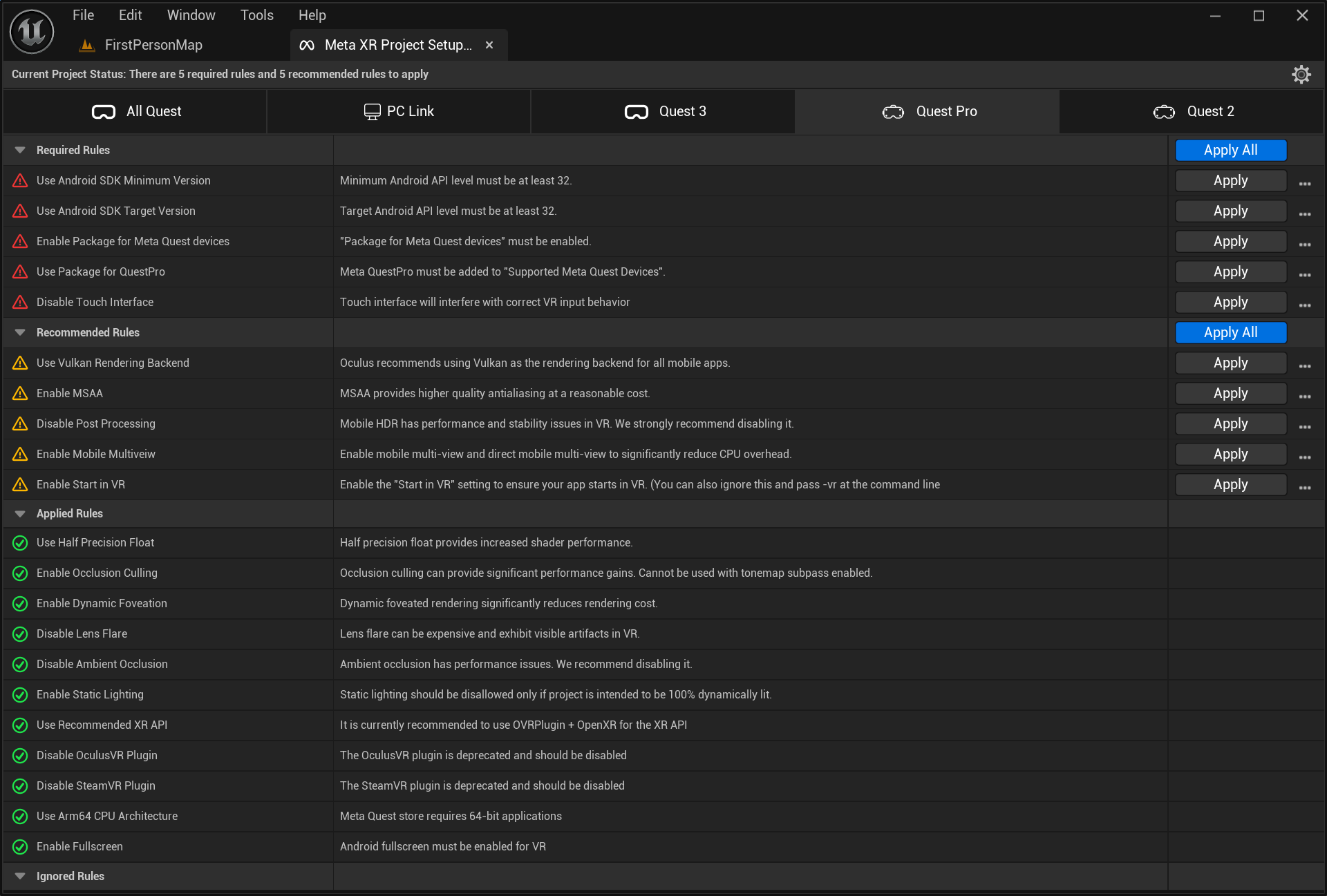 Meta XR Plugin - Project Setup Tool (Unoptimized Settings - Quest Pro Tab)
