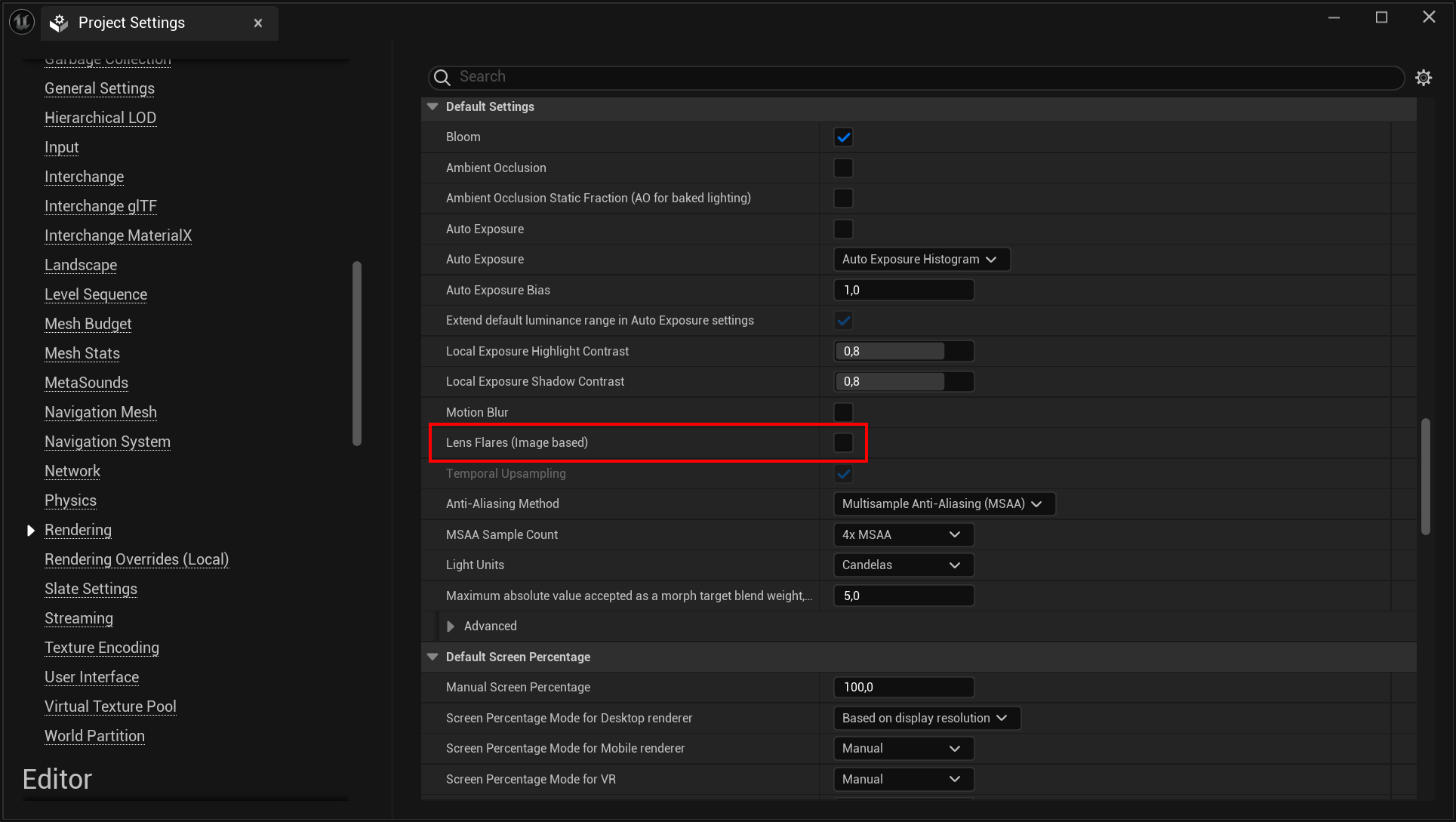 Standalone Mode (Mobile) - Rendering Settings - Lens Flares